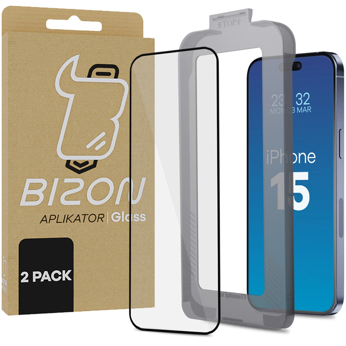 Szkło hartowane Bizon z ramką montażową Glass Aplikator do iPhone 15 2 sztuki