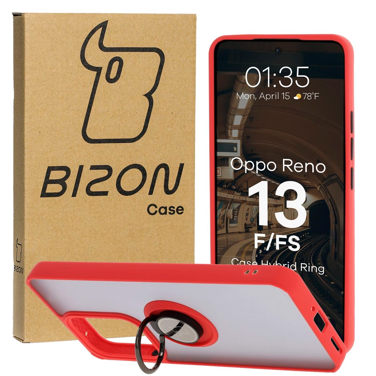 Etui Bizon z uchwytem na palec Hybrid Ring do Oppo Reno13 F/FS przydymione z Czerwoną ramką