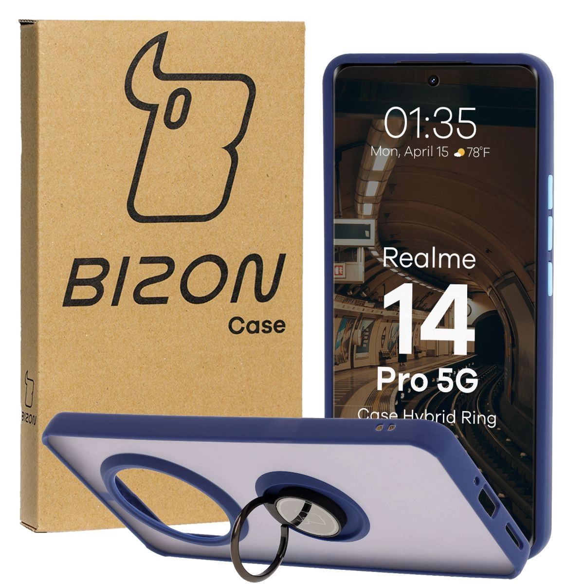 Etui Bizon z uchwytem na palec Hybrid Ring do Realme 14 Pro 5G przydymione z Granatową ramką