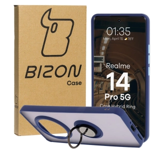 Etui Bizon z uchwytem na palec Hybrid Ring do Realme 14 Pro 5G przydymione z Granatową ramką