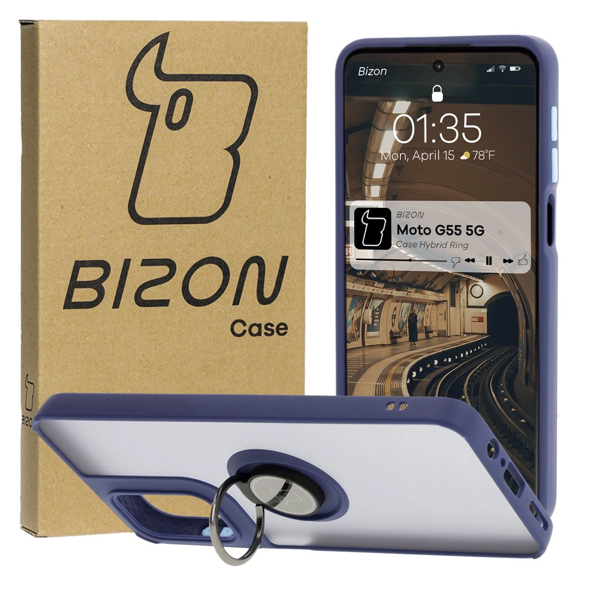 Etui Bizon z uchwytem na palec Hybrid Ring do Motorola Moto G55 5G przydymione z Granatową ramką