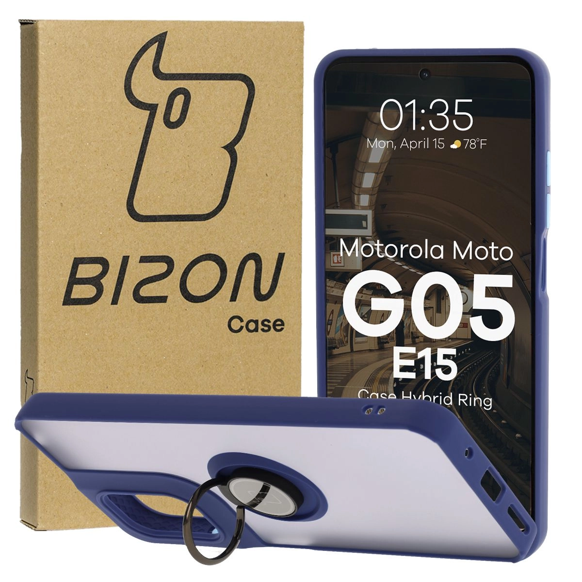 Bizon z uchwytem na palec Hybrid Ring do Motorola Moto G05/E15 przydymione z Granatową ramką