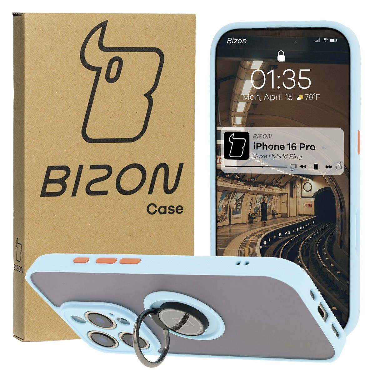 Etui Bizon z uchwytem na palec Hybrid Ring do iPhone 16 Pro przydymione z Jasnoniebieską ramką