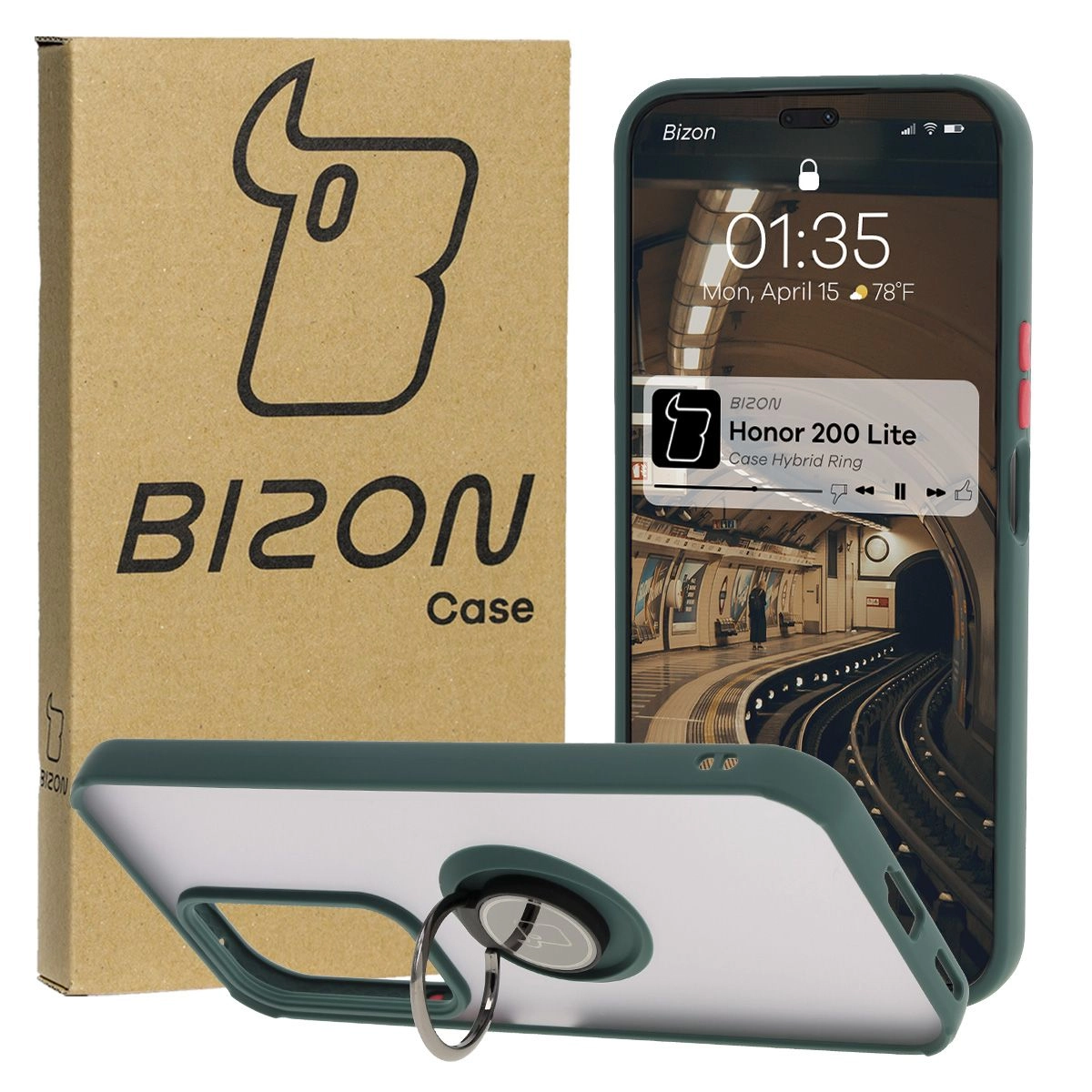 Etui Bizon z uchwytem na palec Hybrid Ring do Honor 200 Lite przydymione z Ciemnozieloną ramką
