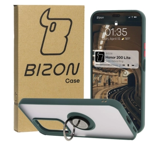 Etui Bizon z uchwytem na palec Hybrid Ring do Honor 200 Lite przydymione z Ciemnozieloną ramką