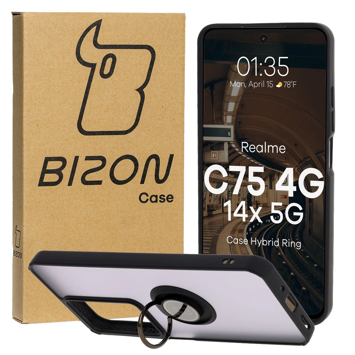 Etui Bizon z uchwytem na palec Hybrid Ring do Realme C75 4G/14x 5G przydymione z Czarną ramką