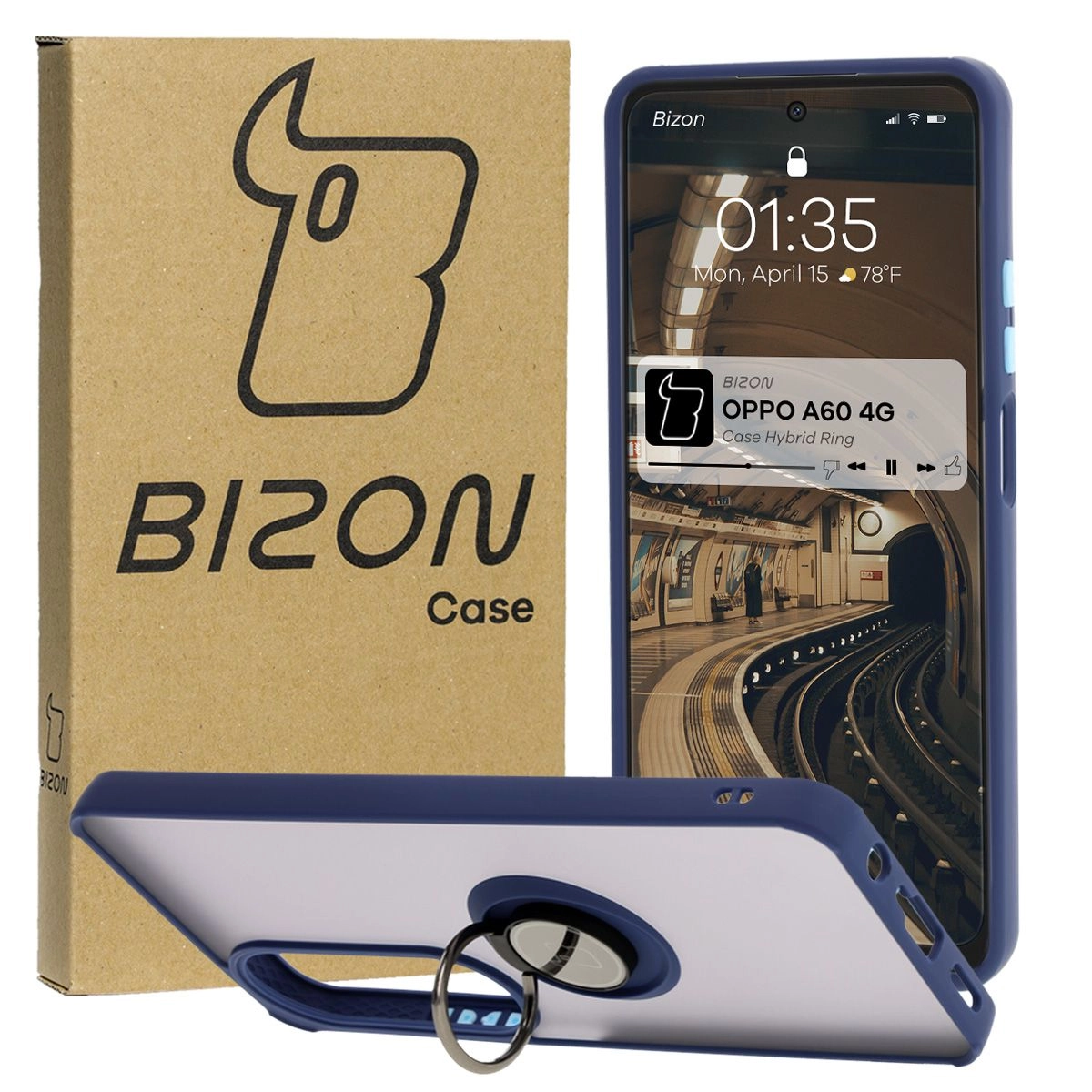 Etui Bizon z uchwytem na palec Hybrid Ring do Oppo A60 4G przydymione z Granatową ramką