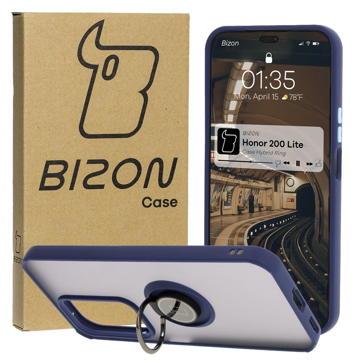 Etui Bizon z uchwytem na palec Hybrid Ring do Honor 200 Lite przydymione z Granatową ramką
