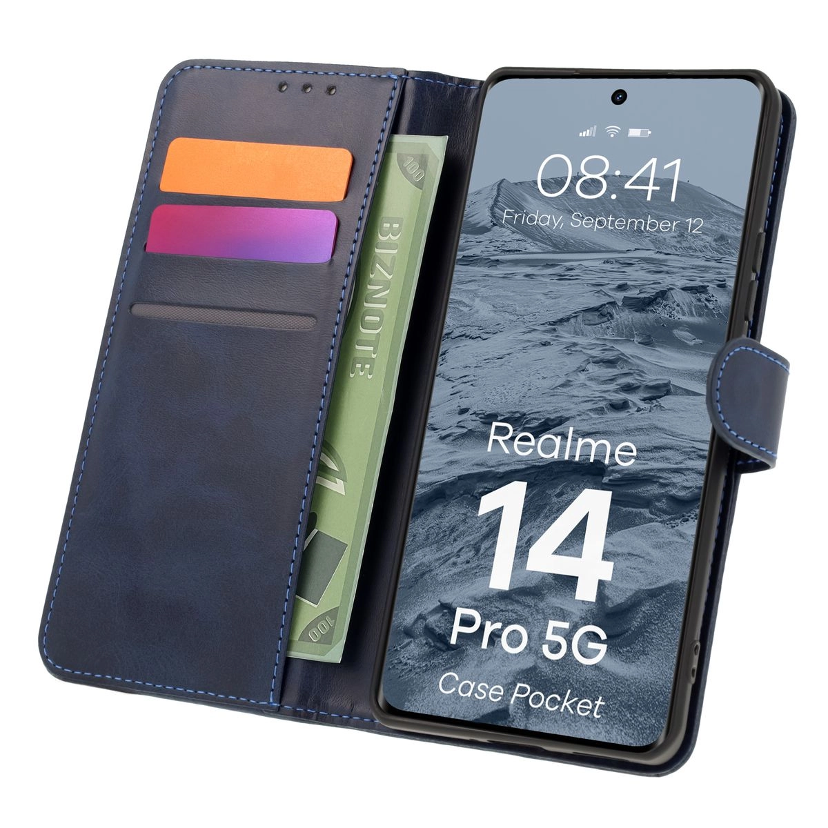 Etui Bizon z klapką Pocket do Realme 14 Pro 5G Granatowy