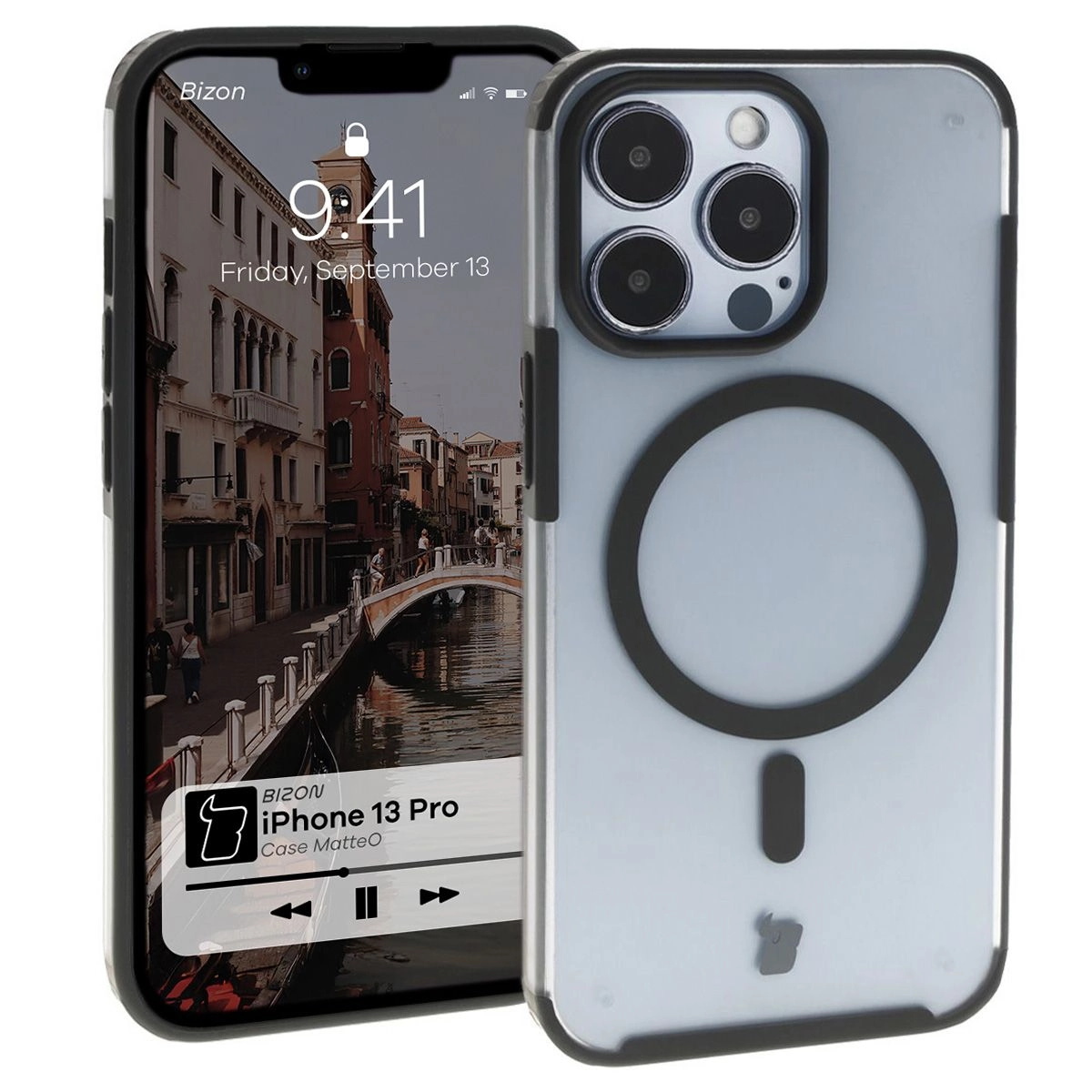 Etui Bizon MatteO z MagSafe do iPhone 13 Pro Półprzezroczysty z Czarną ramką