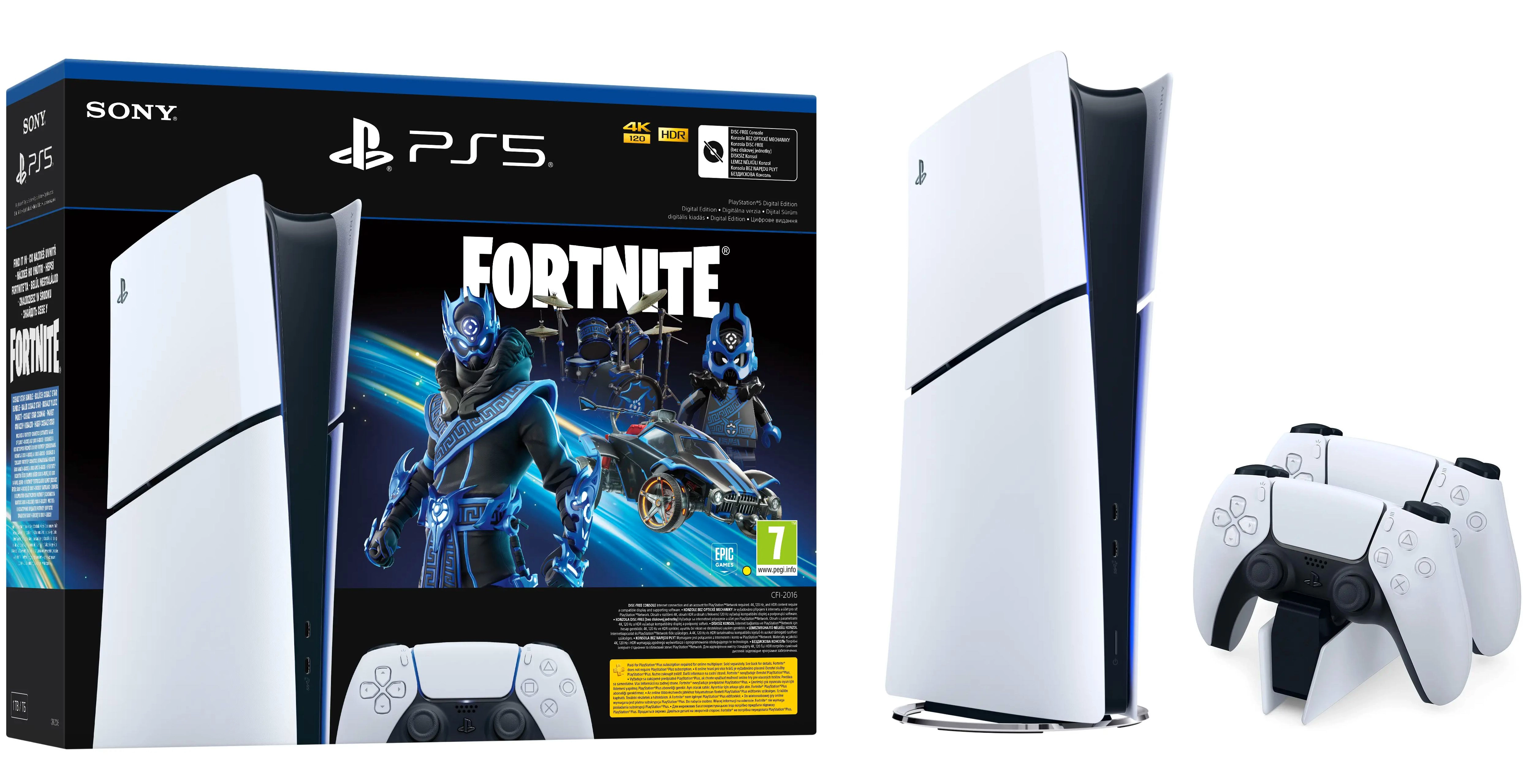Konsola Sony PlayStation 5 Digital Slim D Chassis (PS5) 1TB Zestaw startowy Fortnite Cobalt + Dodatkowy Pad Biały + Ładowarka