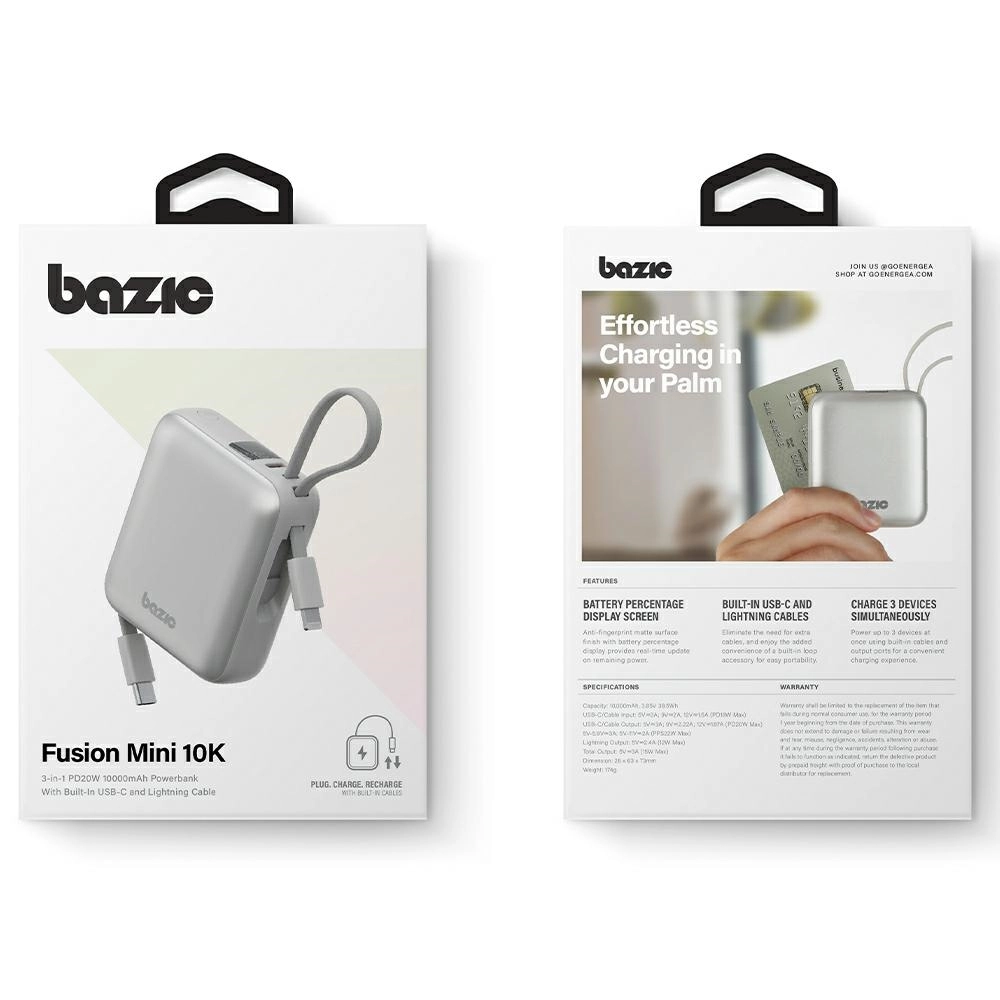 Powerbank Bazic Fusion Mini 10000mAh Wbudowany kabel USB-C/Lightning PD 20W Szary