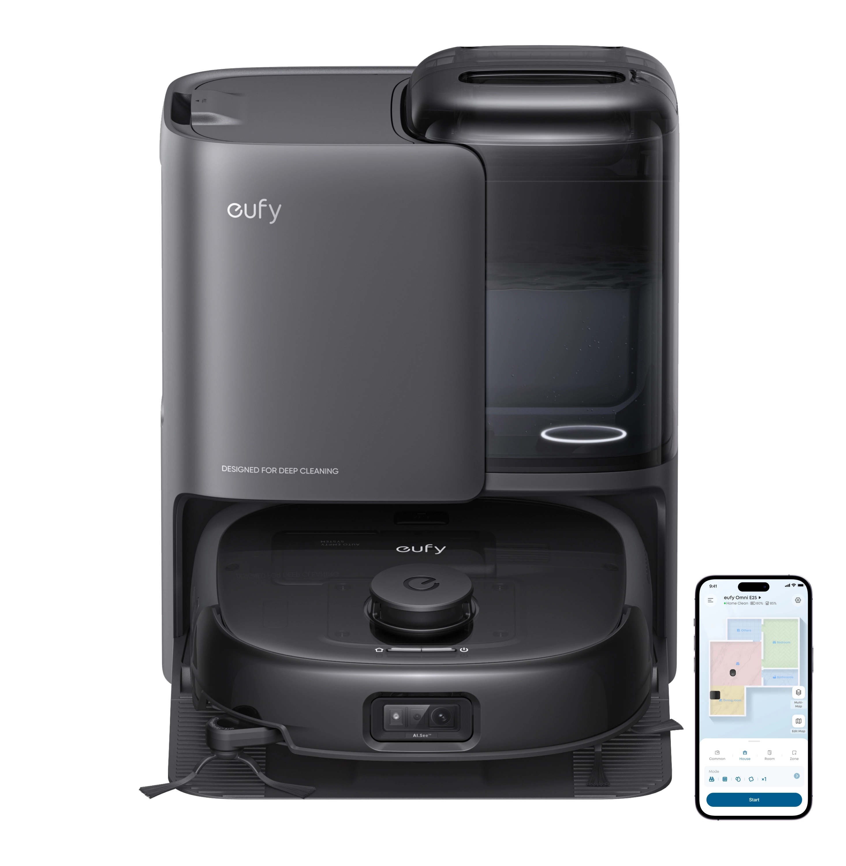 Robot sprzątający eufy Omni E25 Funkcja mopowania Stacja oczyszczająca Tworzenie mapy pomieszczenia 57dB Czarny AI