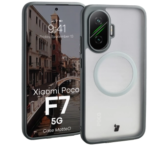 Etui Bizon MatteO z MagSafe do Xiaomi POCO F7 Półprzezroczyste z szarą ramką