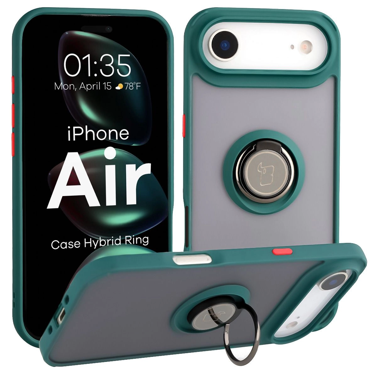 Etui Bizon z uchwytem na palec Hybrid Ring do Apple iPhone Air Przydymione z zieloną ramką