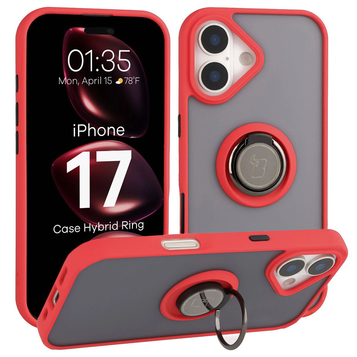 Etui Bizon z uchwytem na palec Hybrid Ring do Apple iPhone 17 Przydymione z Czerwoną ramką
