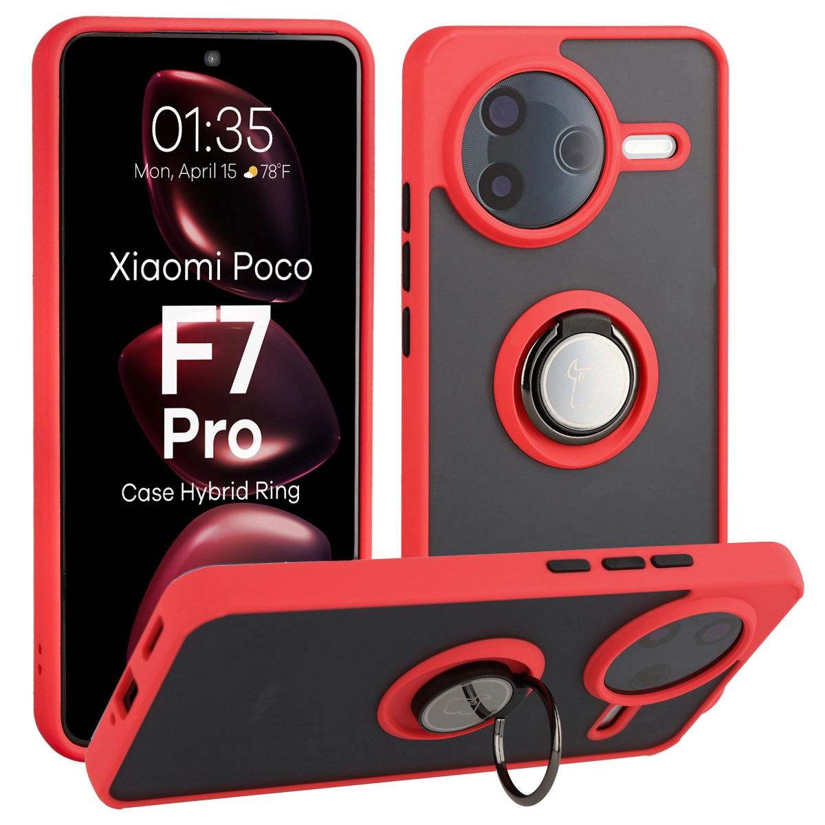Etui Bizon z uchwytem na palec Hybrid Ring do Xiaomi POCO F7 Pro Przydymione z czerwoną ramką