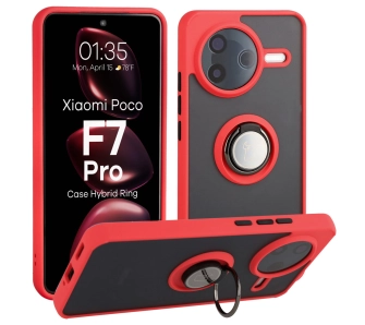 Etui Bizon z uchwytem na palec Hybrid Ring do Xiaomi POCO F7 Pro Przydymione z czerwoną ramką