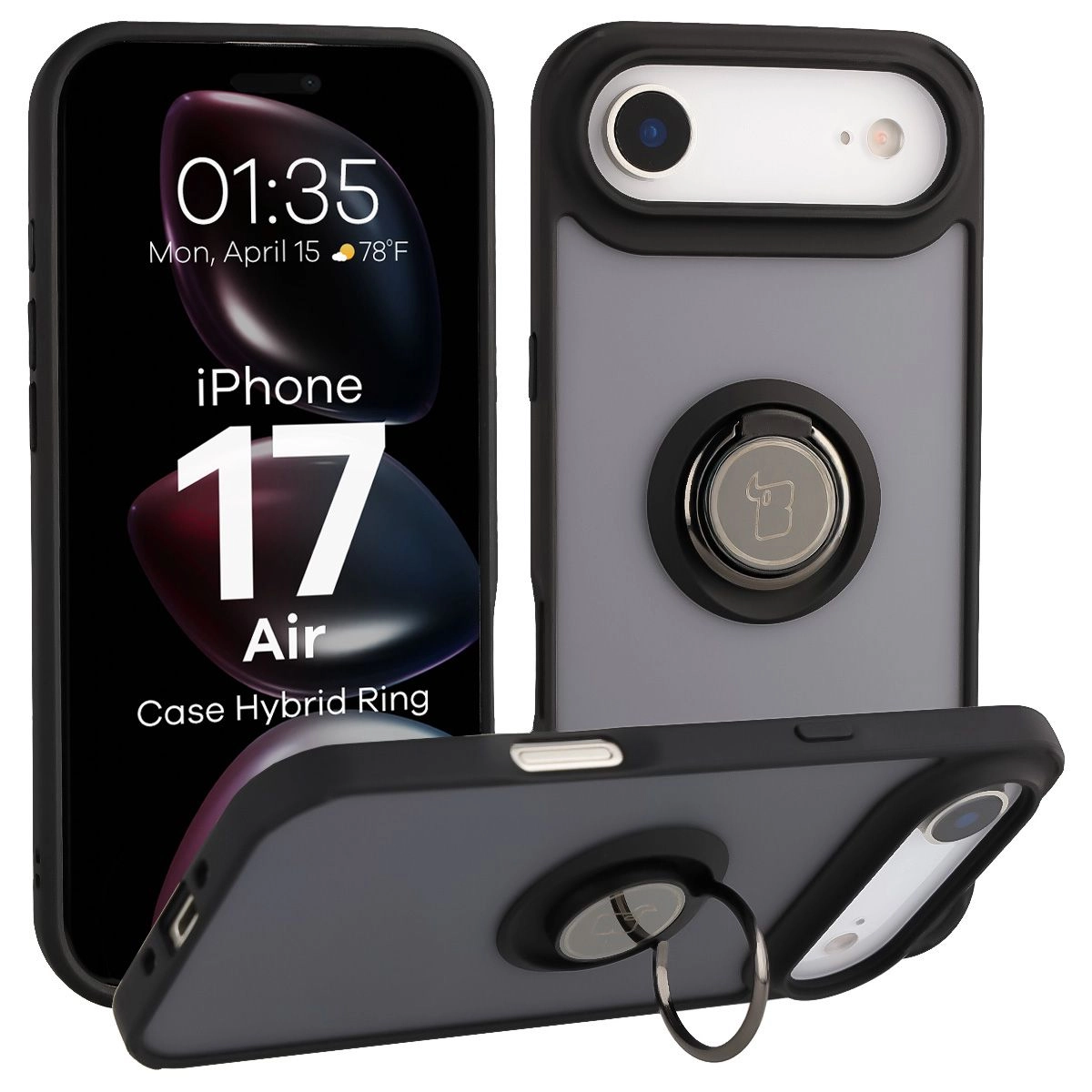 Etui Bizon z uchwytem na palec Hybrid Ring do Apple iPhone 17 Pro Max Przydymione z Czarną ramką