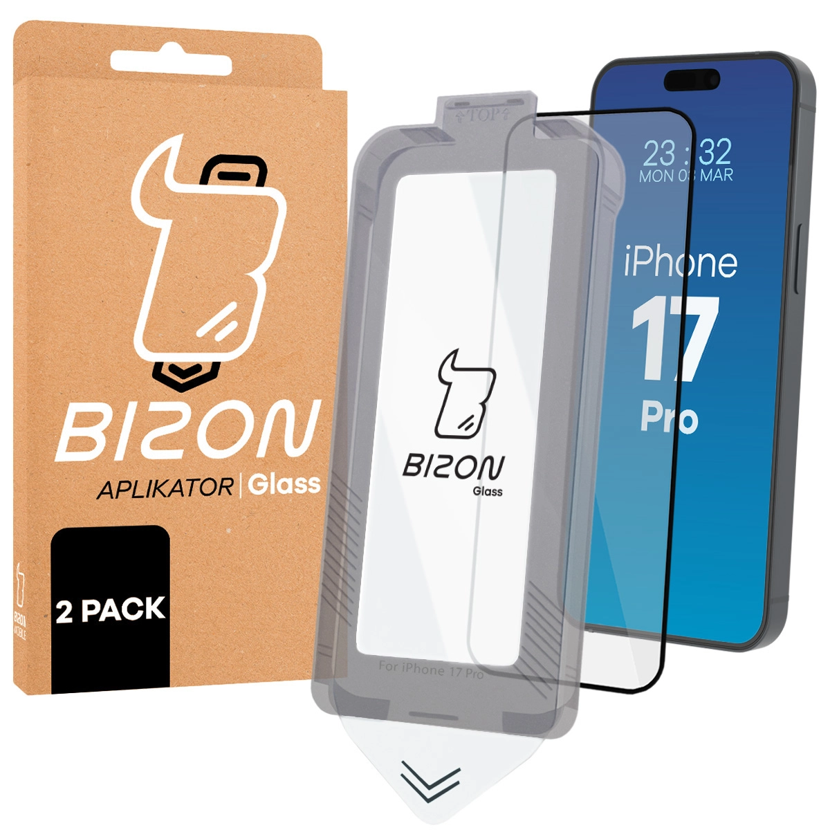 Szkło hartowane Bizon z ramką do łatwej aplikacji Glass Aplikator do iPhone 17 Pro 2szt