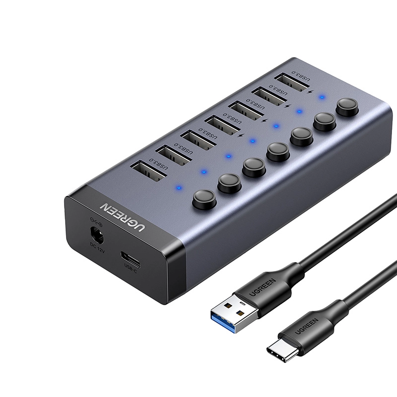 Hub USB UGREEN 90307 7w1 USB-C 7x USB-A 3.0 12V 2A Czarny