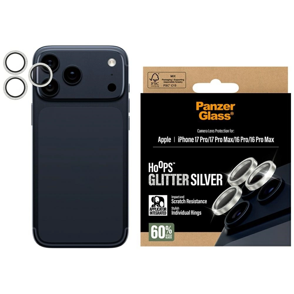 Szkło ochronne PanzerGlass Hoops Glitter do iPhone 17 Pro / 17 Pro Max / 16 Pro / 16 Pro Max Srebrny