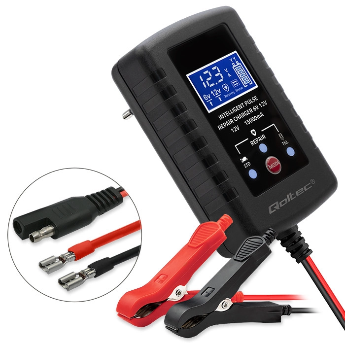 Ładowarka Qoltec 52426 Automatyczna do akumulatora AGM GEL STD 6V 12V / 2A Prostownik z funkcją naprawy i wyświetlaczem LED