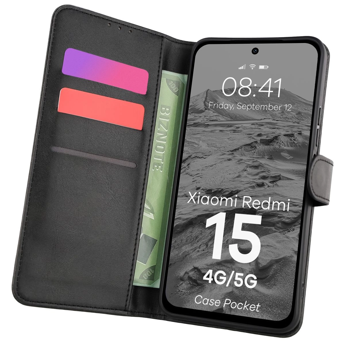 Etui Bizon z klapką Pocket do Xiaomi Redmi 15 4G / 5G Czarny