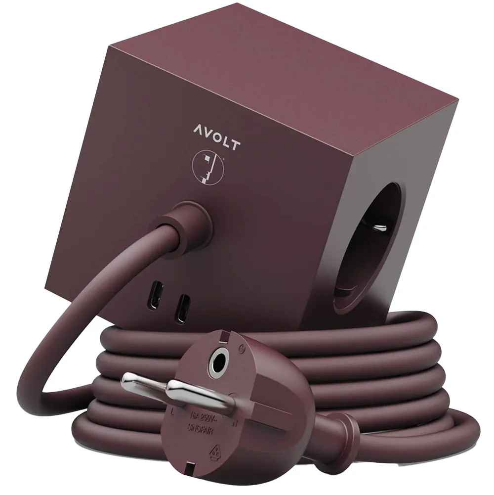 Kostka Avolt 3 gniazda 2x USB-C 1,8m Bordowy