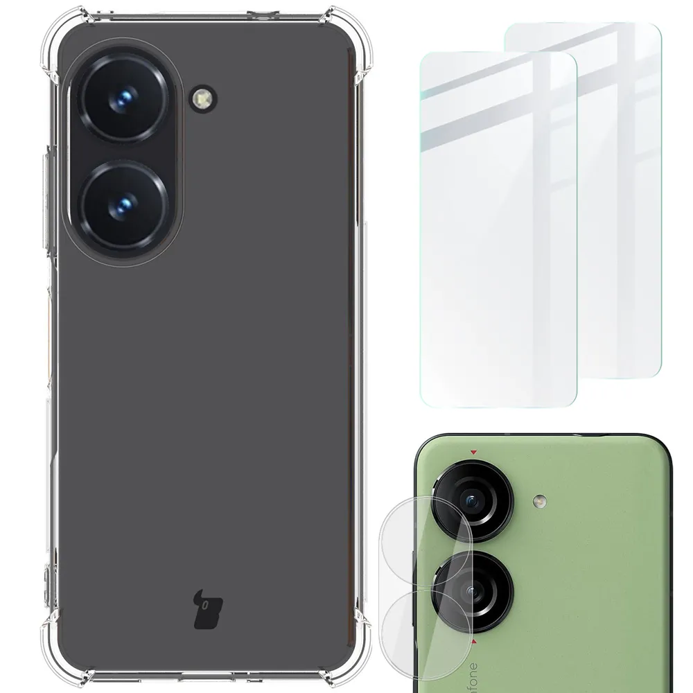 Etui Bizon elastyczne etui + 2x szkło hartowane + szkło na aparat Clear Pack do Asus Zenfone 10