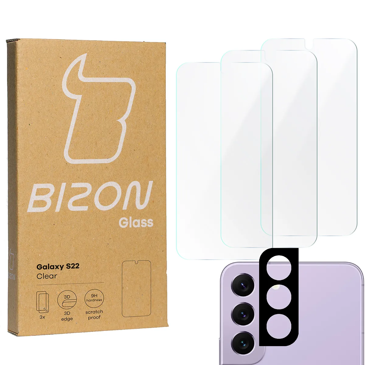 Zestaw ochronny Bizon 3x Szkło hartowane + szybka na aparat Glass Clear Pack do Samsung Galaxy S22