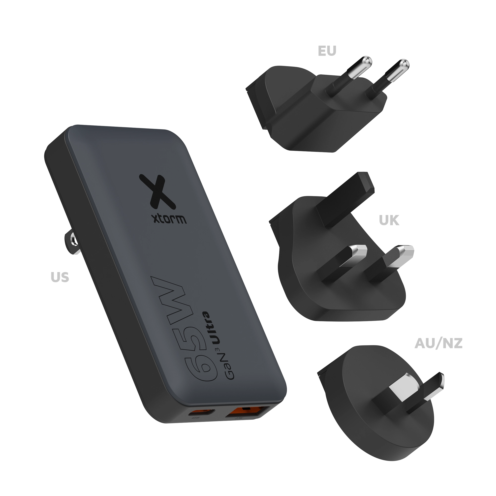 Ładowarka sieciowa Xtorm XTPC0651 USB-A USB-C PD 65W Czarny + Wymienne wtyczki, Kabel USB-C