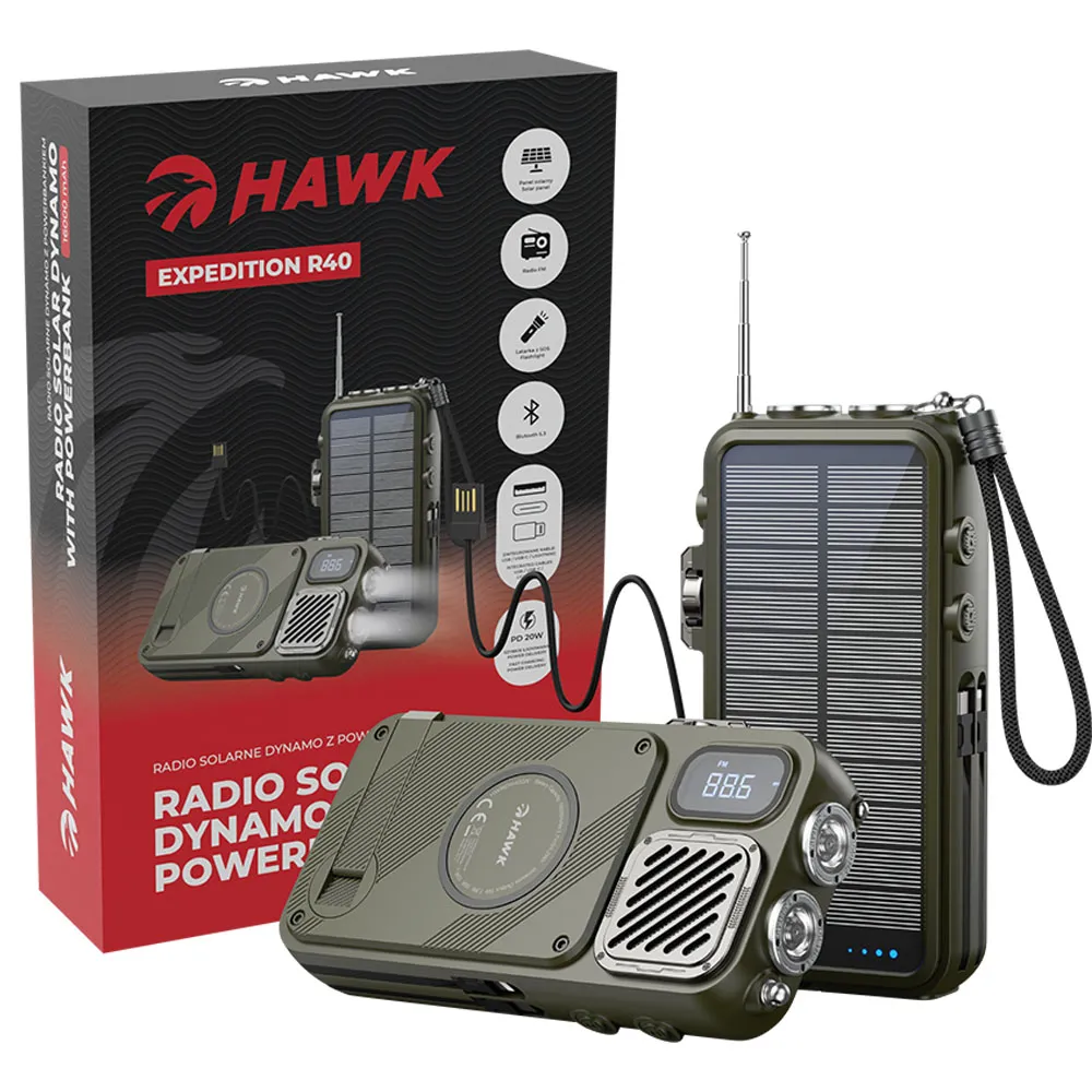 Radioodbiornik Hawk R40 Na korbkę, Solarne, Latarka, Radio FM Bluetooth Zielony