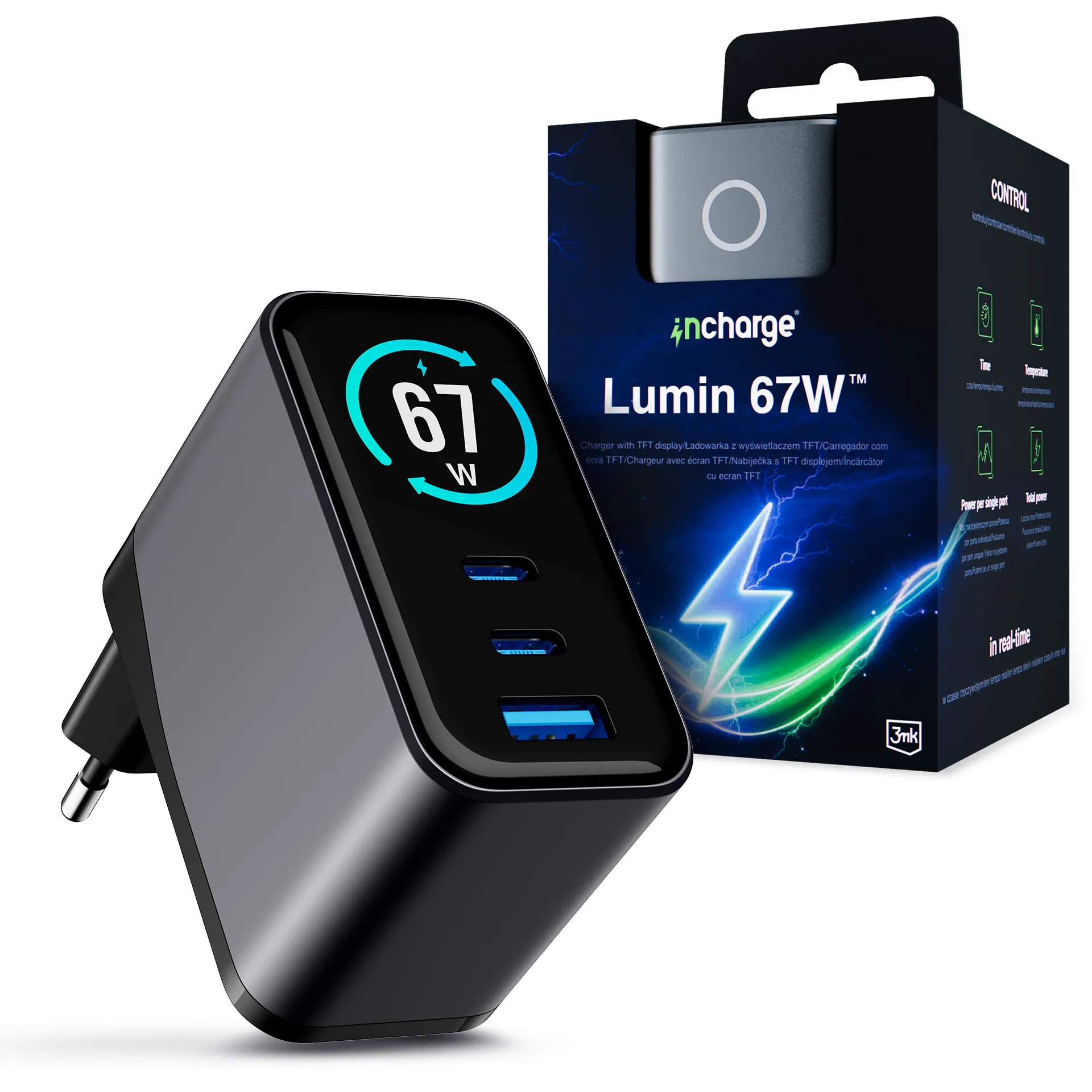Ładowarka sieciowa 3mk InCharge Lumin 67W USB-A 2x USB-C Czarny
