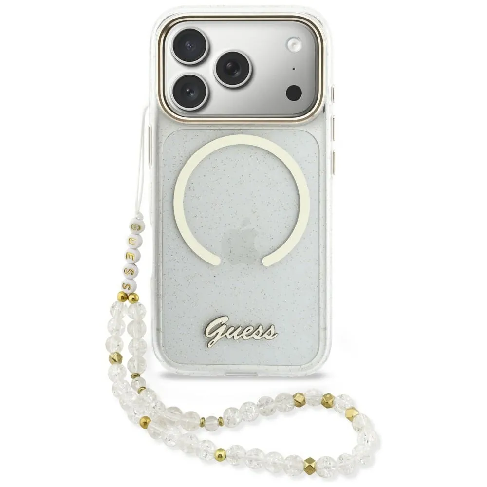 Etui Guess IML Glitters Script Strap MagSafe do iPhone 17 Pro Przezroczysty