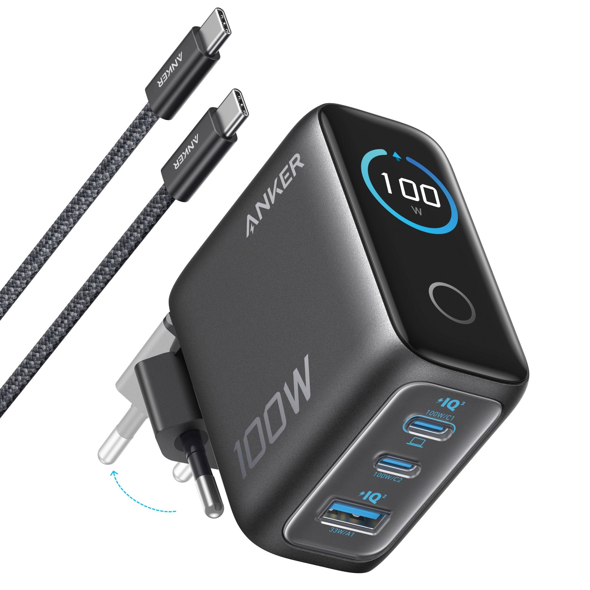 Zasilacz do laptopa Anker 100W (B121BGZ1) 2x USB-C, 1x USB-A, Kolorowy wyświetlacz, Kabel w zestawie, Czarny
