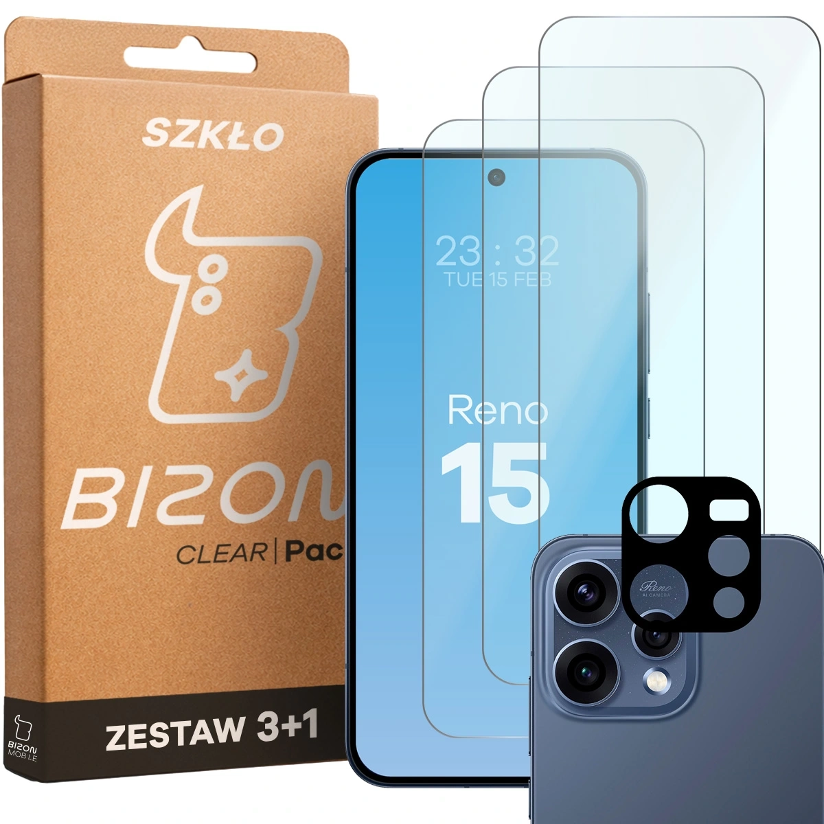 Zestaw ochronny Bizon Szkło + szybka na aparat Glass Clear Pack do Oppo Reno 15 3 sztuki