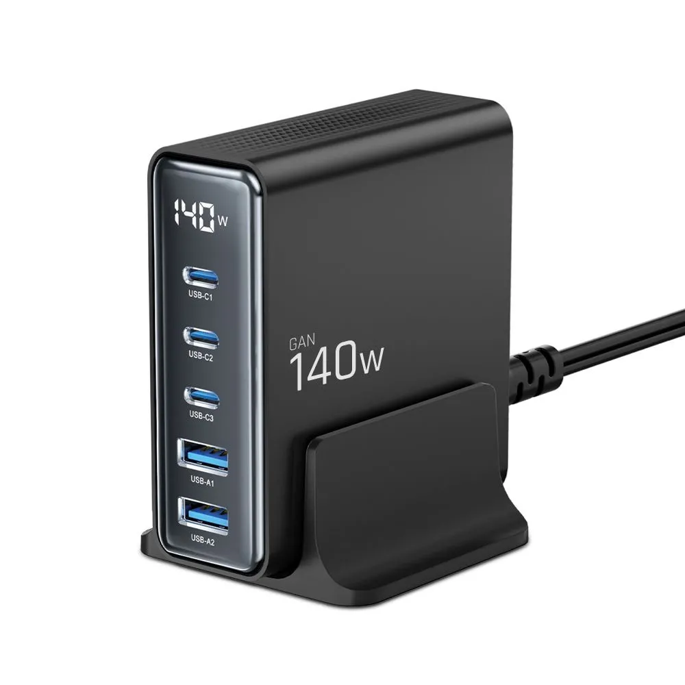 Stacja ładująca Tech-Protect DC140W-GAN 5 biurkowa 2x USB-A 3x USB-C 140W Czarny