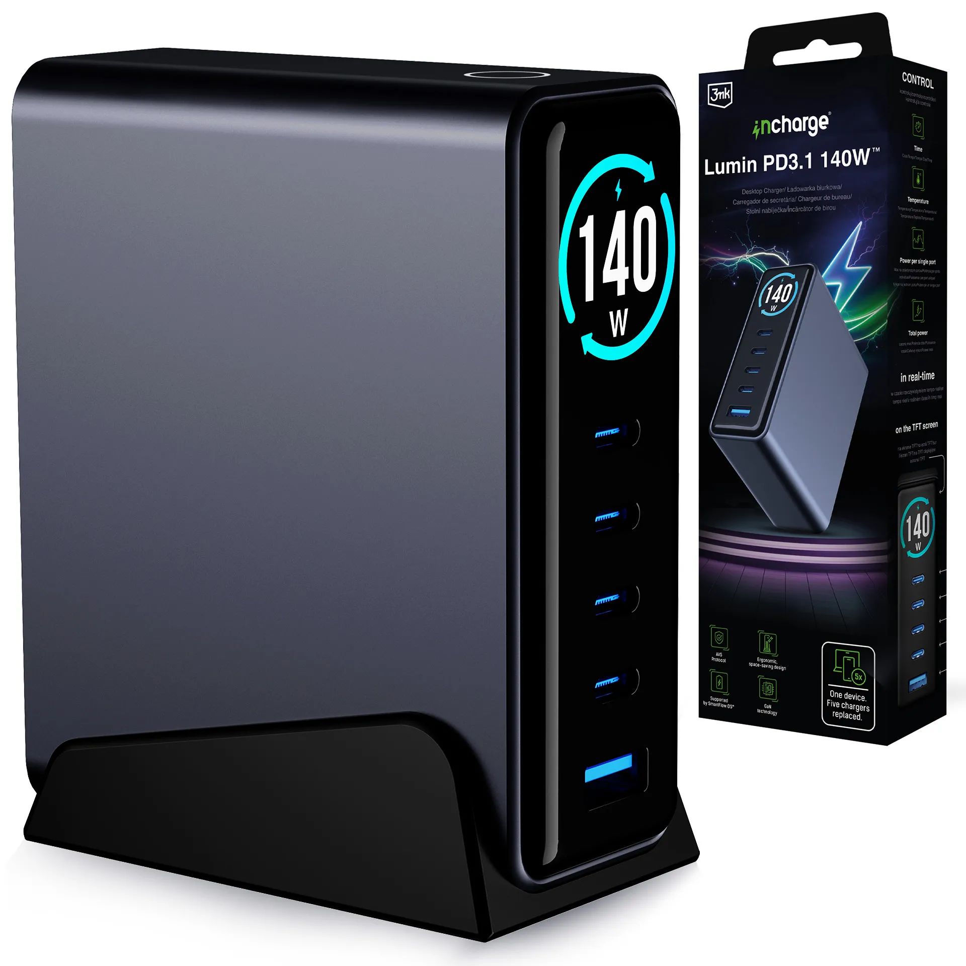 Stacja ładująca 3mk InCharge Desktop Charger Lumin PD3.1 TFT  USB-A 4x USB-C 140W Czarny
