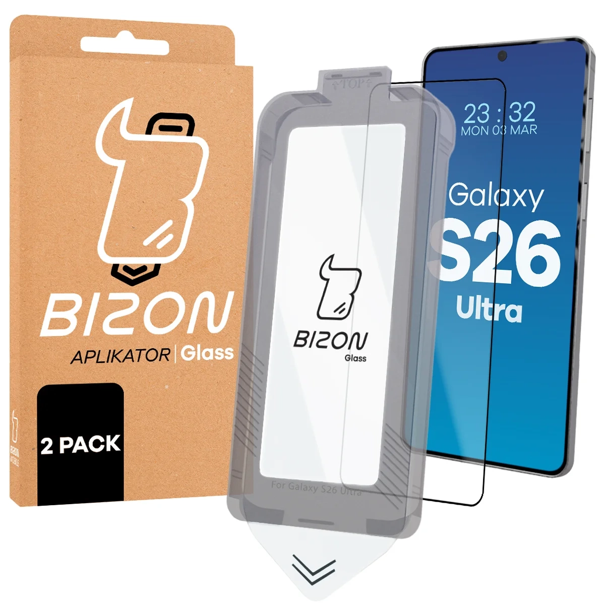 Szkło hartowane Bizon z ramką montażową Glass Aplikator do Galaxy S26 Ultra