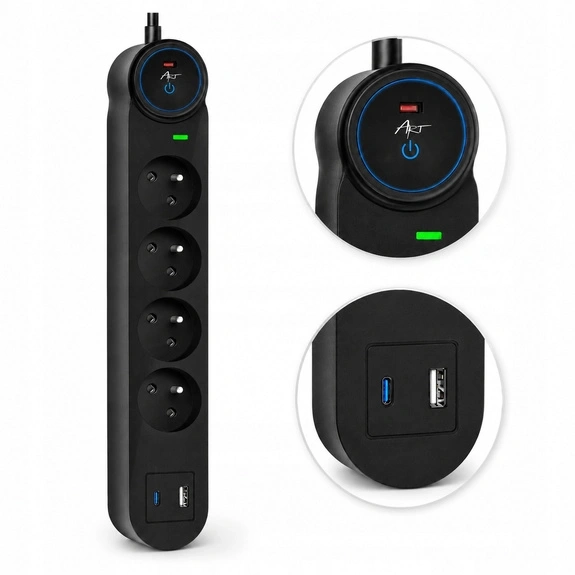 Listwa ART FU910 USB-A USB-C 4 gniazda 1,5m Czarny