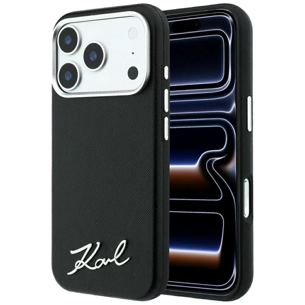 Etui Karl Lagerfeld Saffiano Small Script Metal Logo MagSafe do iPhone 18 Pro Max / 17 Pro Max Czarny
