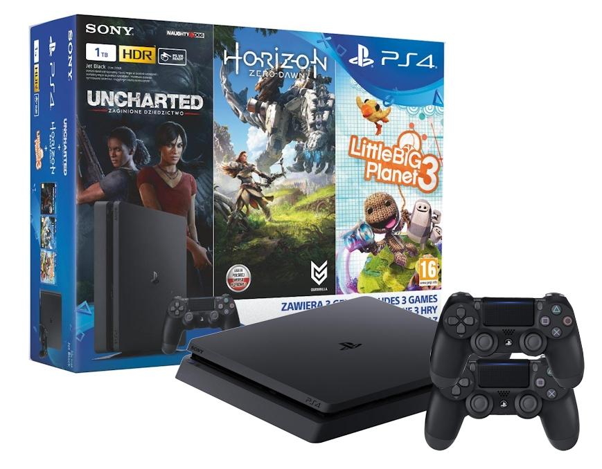 Konsola Sony PlayStation 4 Slim 1TB + Horizon Zero Dawn + Uncharted Zaginione Dzidzictwo + LBP 3 + 2 pady