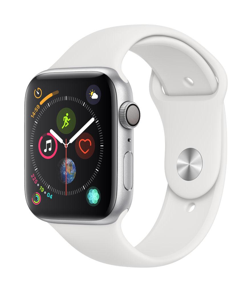 Smartwatch Apple Watch 4 44mm Koperta z aluminium w kolorze srebrnym z paskiem sportowym w kolorze białym