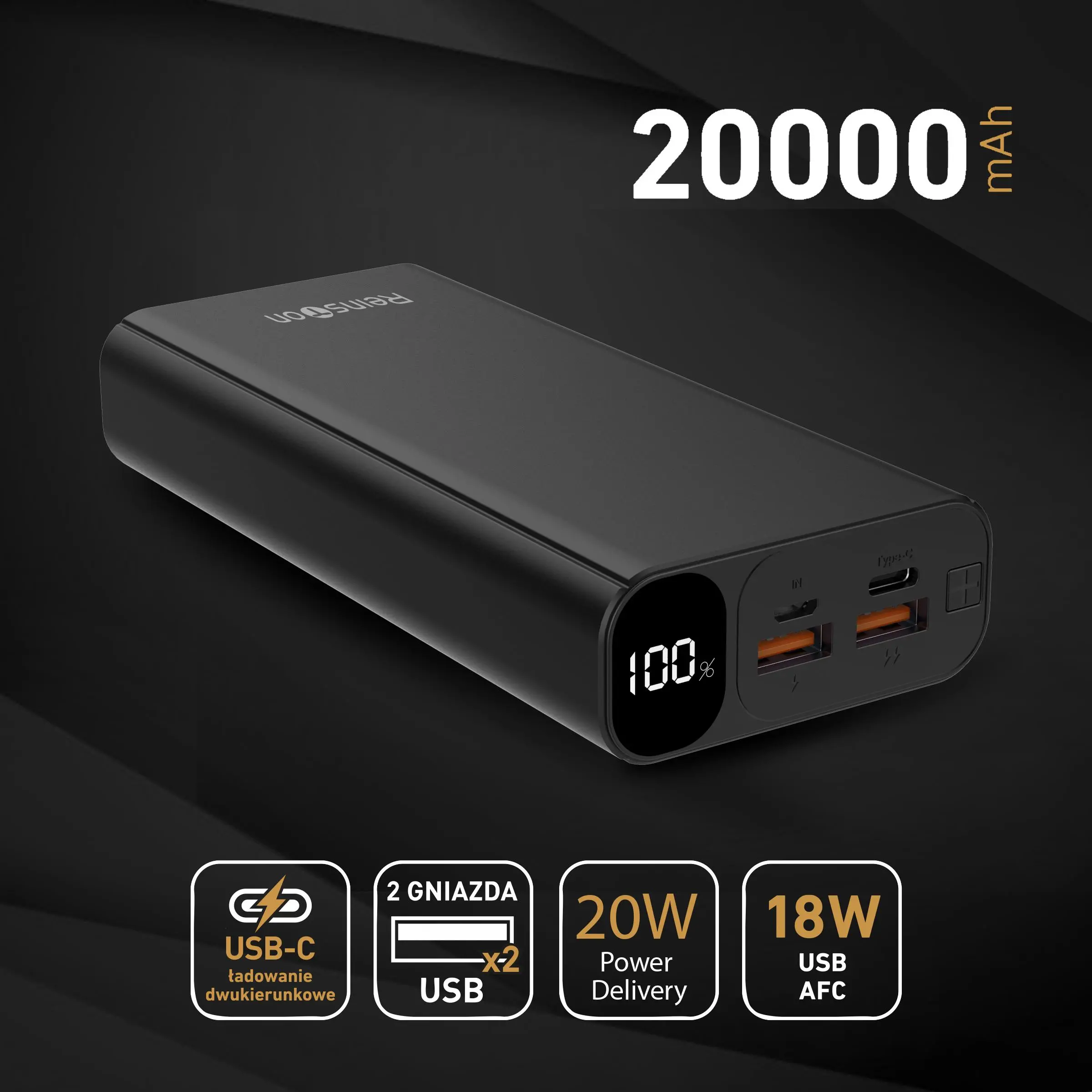 Powerbank Reinston Ultra 20000mAh EPB030 PD 20W + AFC 18W Czarny