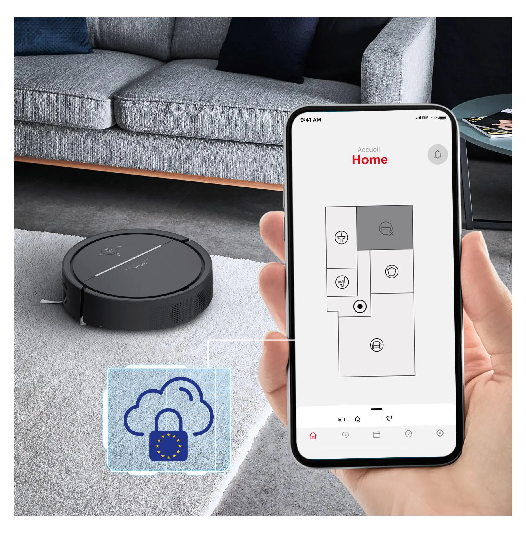 Robot sprzątający Tefal X-plorer Serie 120 AI RG7865 Funkcja mopowania Tworzenie mapy pomieszczenia 65dB