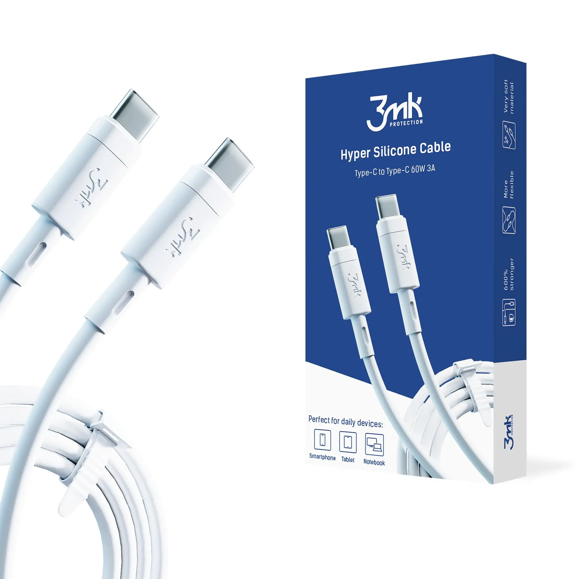 Kabel 3mk Hyper Silicone Cable USB-C do USB-C 60W 3A 1m Biały