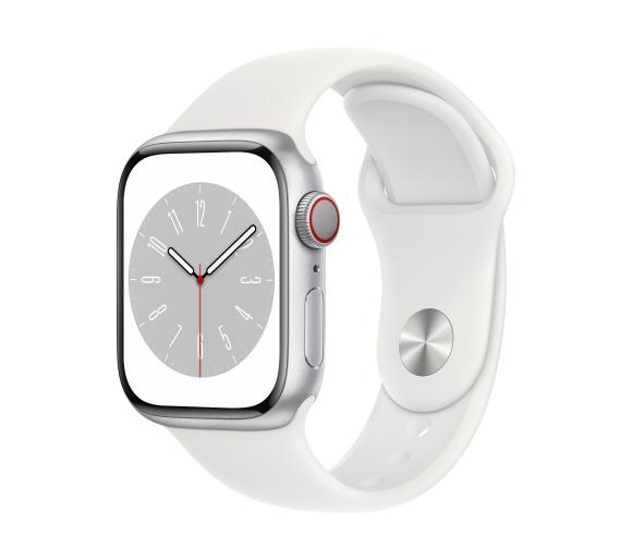 Smartwatch Apple Watch Series 8 GPS + Cellular 45mm koperta z aluminium (srebrny) + pasek sportowy (biały)
