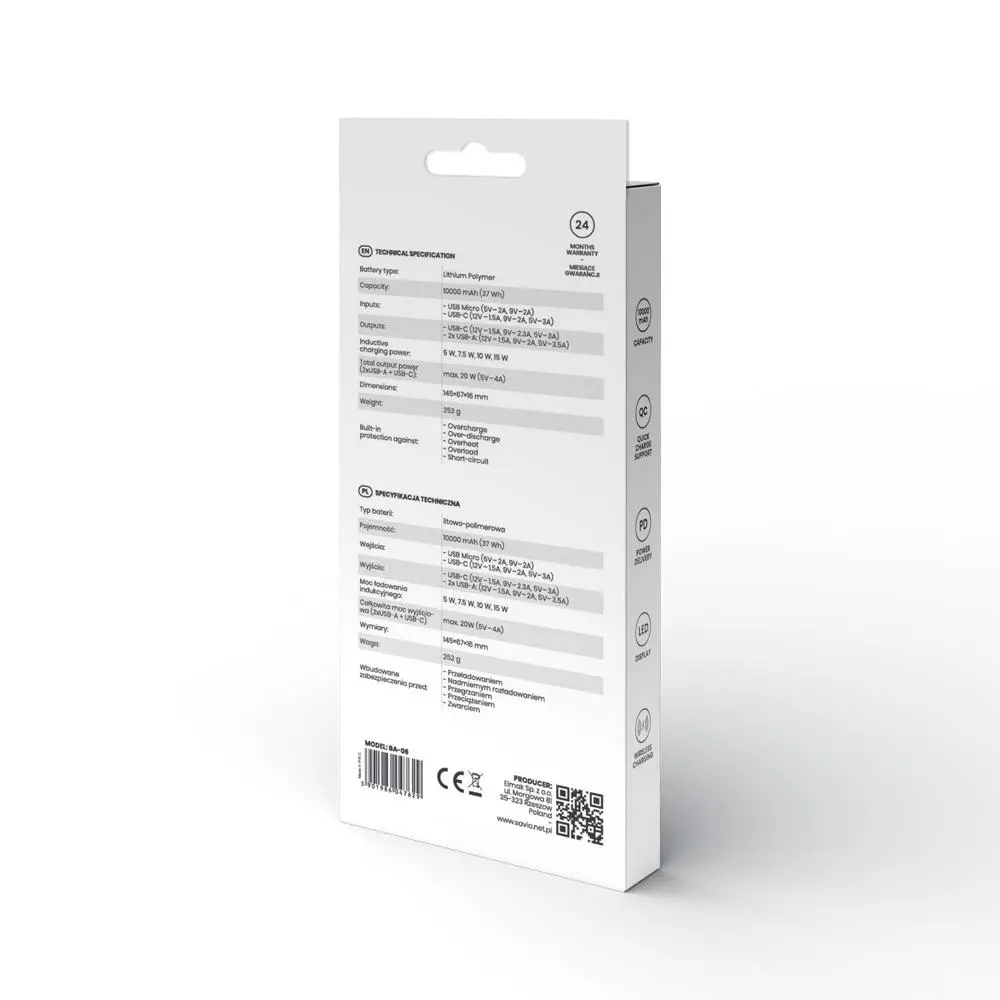 Powerbank Savio BA-06 10000mAh 20W ładowanie indukcyjne Biały