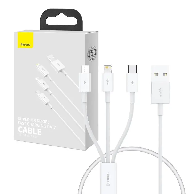 Kabel Baseus Quick Charge USB to M+L+C Superior Data 3,5A 0,5m Biały